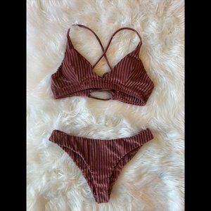 ZAFUL Velvet Ribbed Lace Up Bikini Set Lipstick Pink Colour Size M